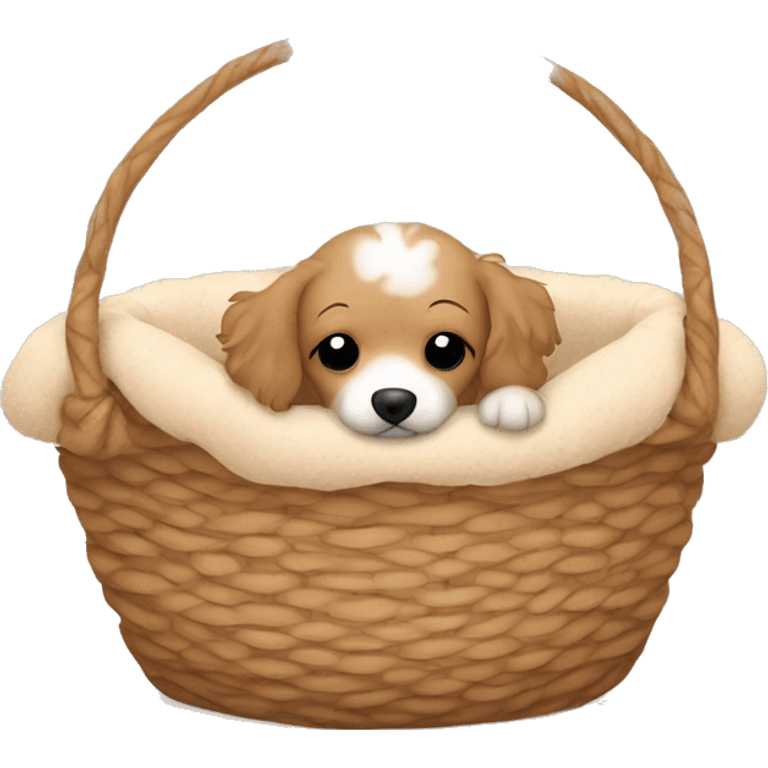 Little cute havapoo is sleeping in a beige soft dog basket emoji