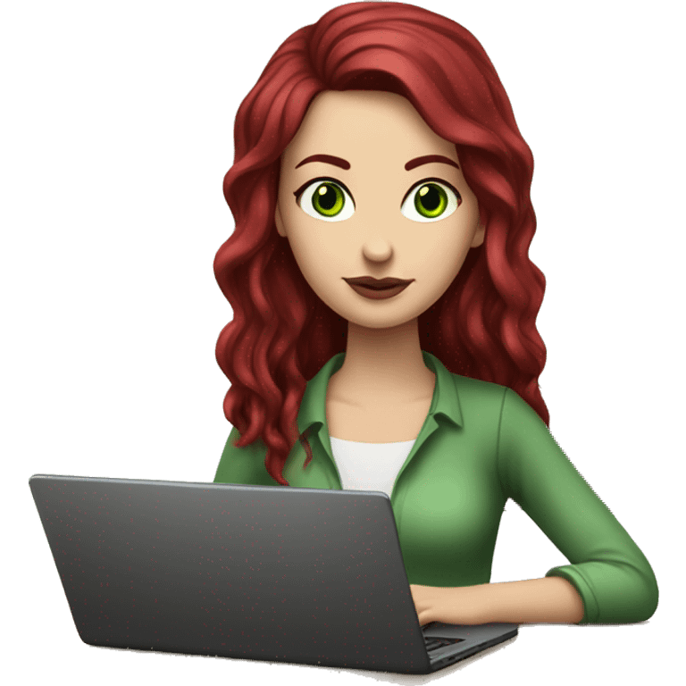 Slavic white girl with burgundy hair and green eyes with laptop on the table  emoji