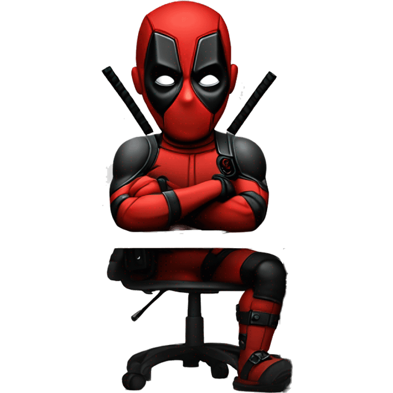 Cute Deadpool sitting at a desk, front view emoji