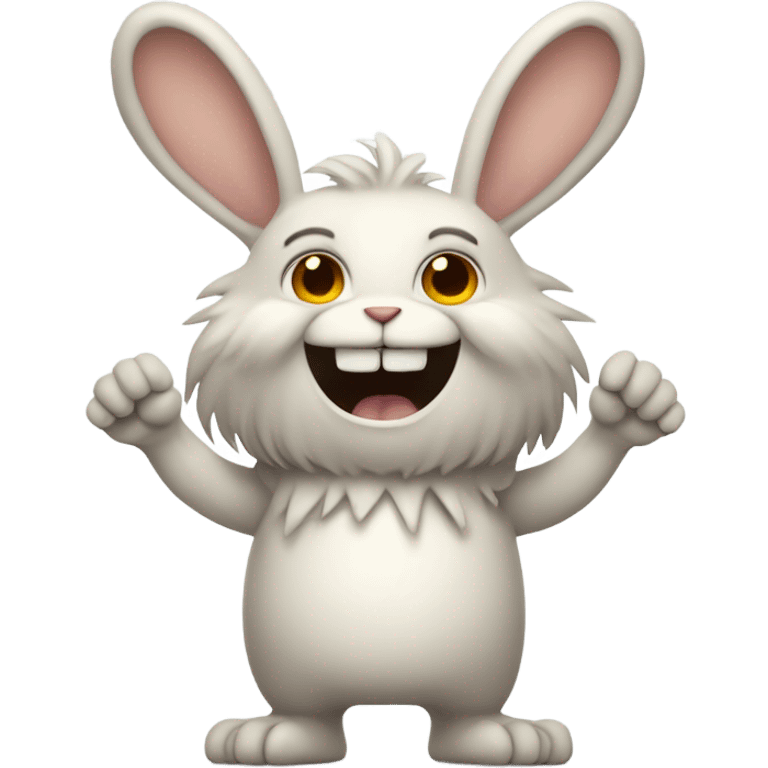 Fluffy standing rabbit with skin colour hands feet and face of a monster with a wide grin across whole face with nine triangle teeth emoji