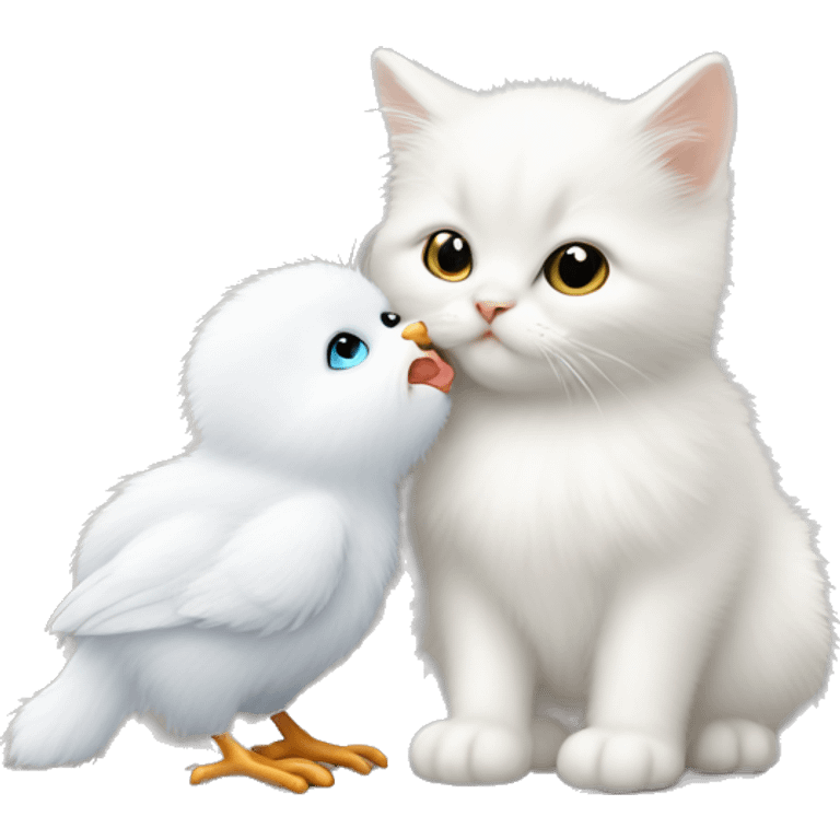 White fluffy cat kissing baby chick emoji