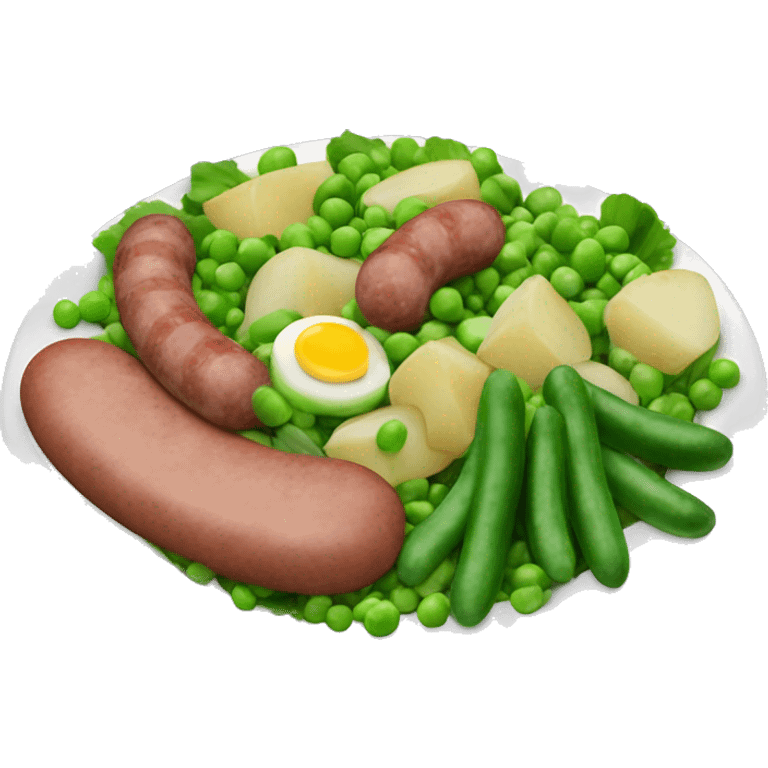 a plate of salad with green peas, pieces of sausage, potatoes and cucumber emoji