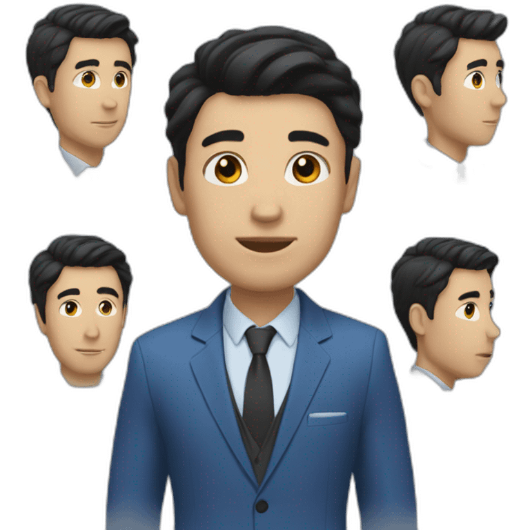 A 30-year-old man, wearing a blue suit, short black hair, black eyes, and two cheeks.  emoji