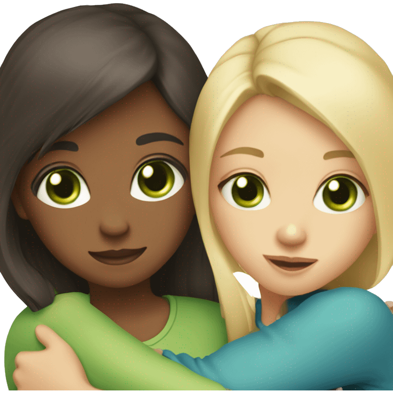 Two girls with dark brown hair and green eyes, and one girl with blonde and blue eyes, they hug  emoji