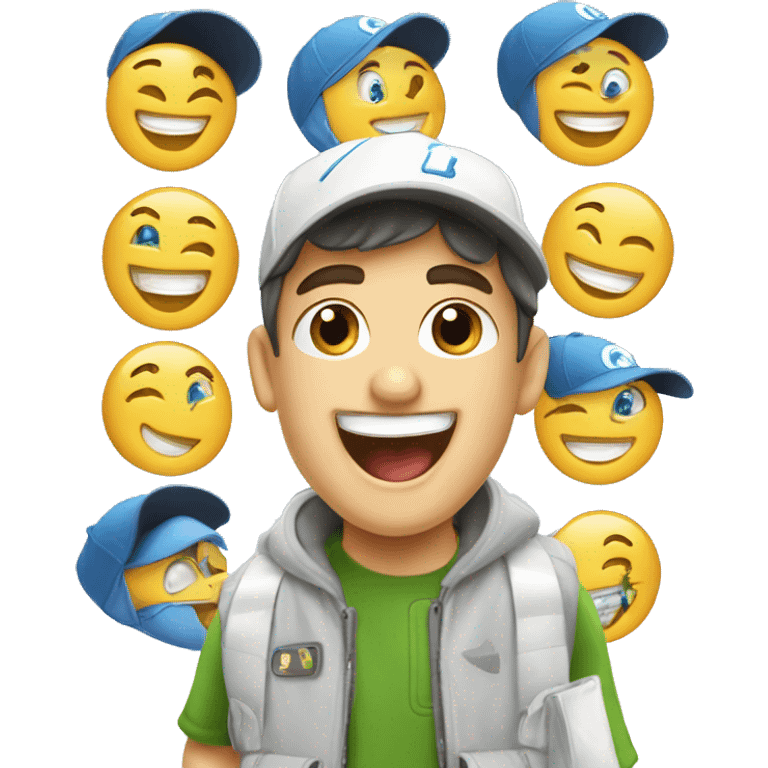 A Happy boy feeling successful wearing "Lenevo" logo in his cap with laptops aound emoji