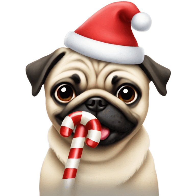 Pug wearing Santa hat licking candy cane emoji