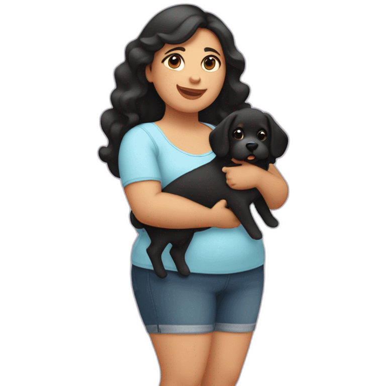 chubby fat fair girl with extra wavy black hairs holding dog in her arms emoji