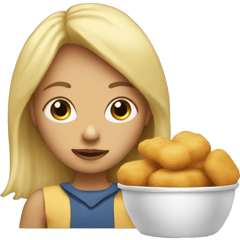 A blond girl eats potatoes and chicken nuggets emoji