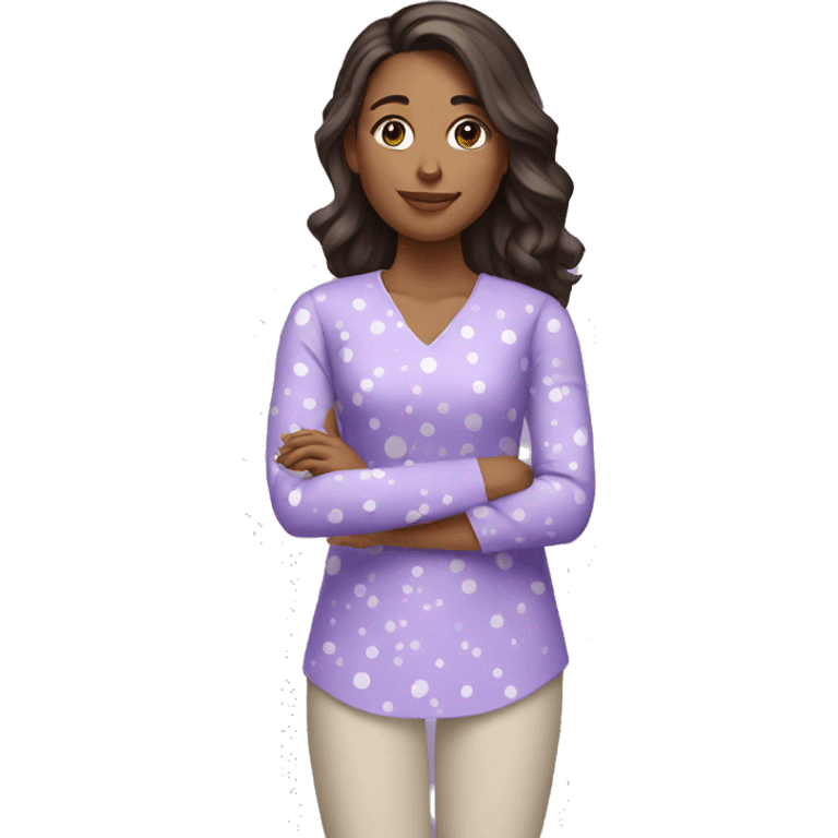 A young woman with lavender kurti white spots pointing left side emoji