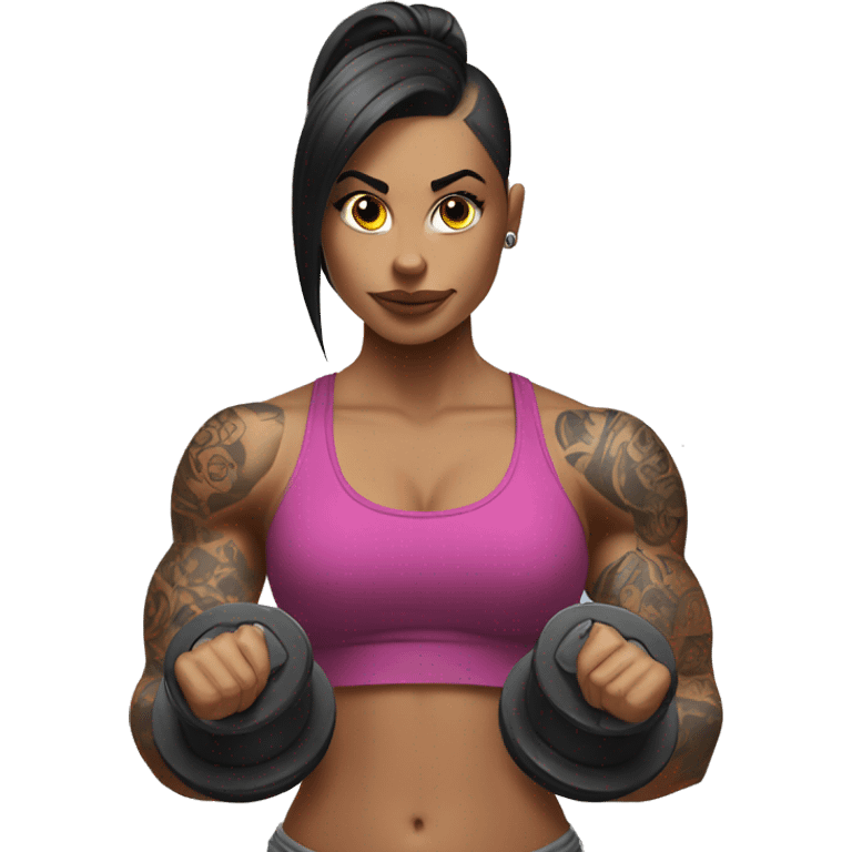 Tattooed girl big muscles lifting dumbbells emoji