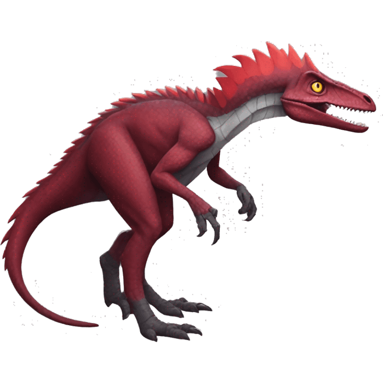 Cool edgy handsome Maroon-colored velociraptor with bright-red spiky mane full body emoji