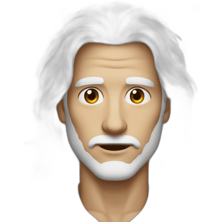 A tall man with long white hair, broad shoulders, dressed in white, has a scar on his right eye, right eye is completely white, left eye is dark brown. emoji