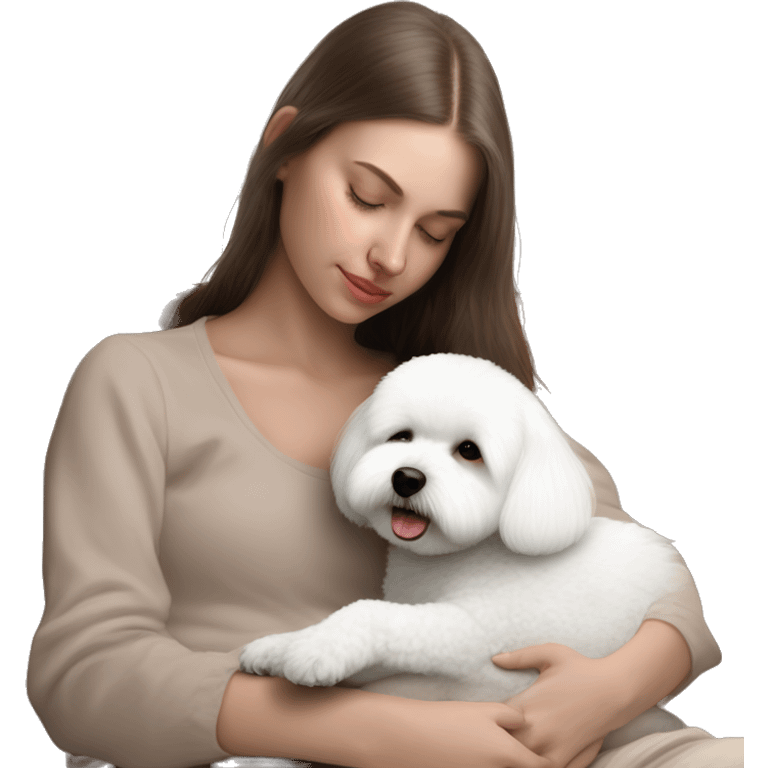 White dog Bichon Frise sleeping on brunette white girl's lap emoji