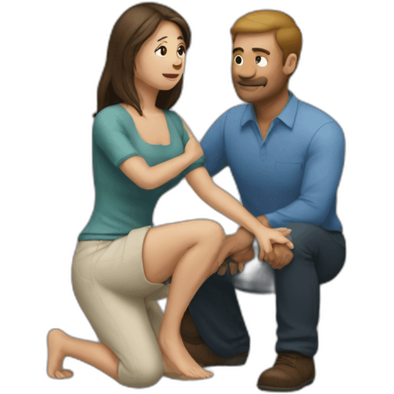 Woman on knee facing man holding him emoji