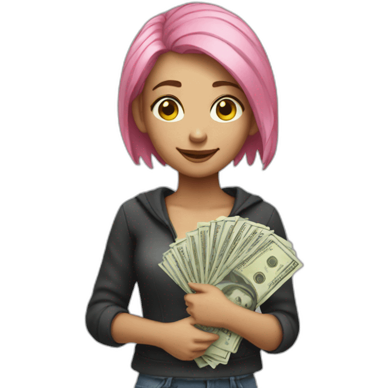 girl with pink hair holding cash emoji