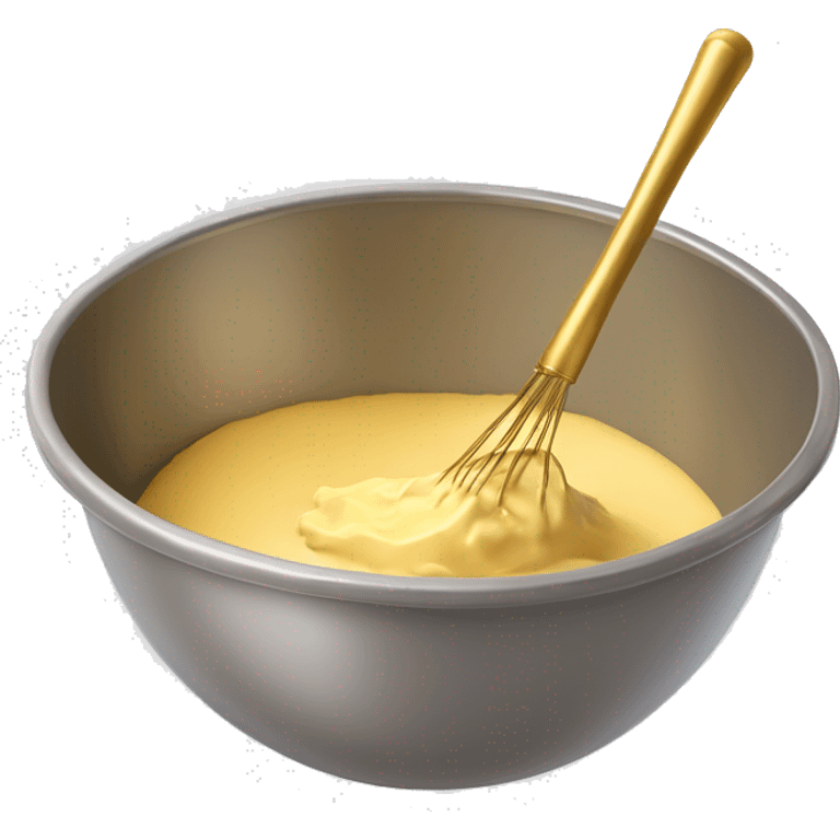 Realistic gold mixing bowl of cake batter with gold wisk in the bowl with it. emoji