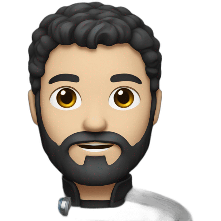 A white Portuguese with black and medium-length hair and a beard that holds a blue lightsaber moto emoji