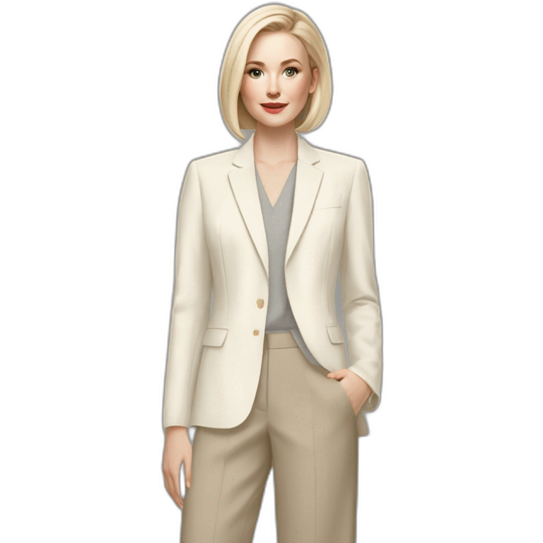 pale skin woman with ash blonde Straightened bob Hair, White Spacious classical jacket, beige palazzo Arrow pants and gray blouse holding a color palettes in the hands emoji