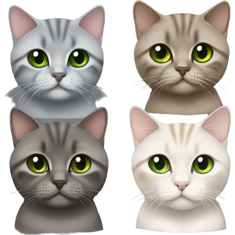 Brown british shorthair with Brown eyes + Grey Tabby scotish fold with Green eyes sitting emoji