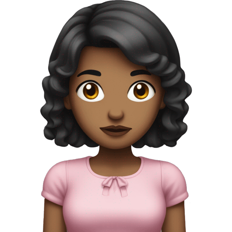 Girl with black hair , mad , her hair is not curly neither straight its ondulated hair , it's short and she has brown eyes and she has a bow that its pink on her hair emoji