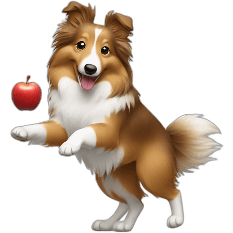 Sheltie dancing with an apple in her mouth emoji