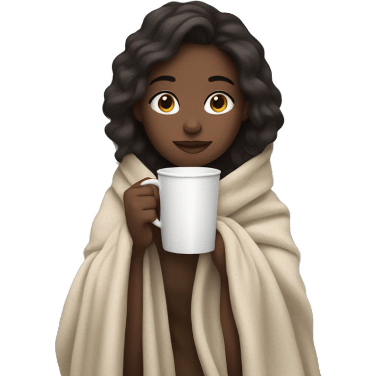 Pale  dark brunet girl  wrapped in cozy blanket drinking coffee emoji