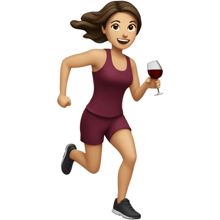 Caucasian Brunette running with wine emoji