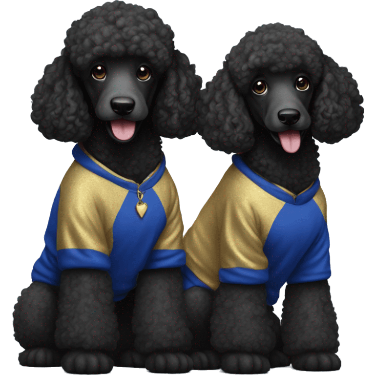 Two black poodles wearing royal blue and gold hoodies emoji