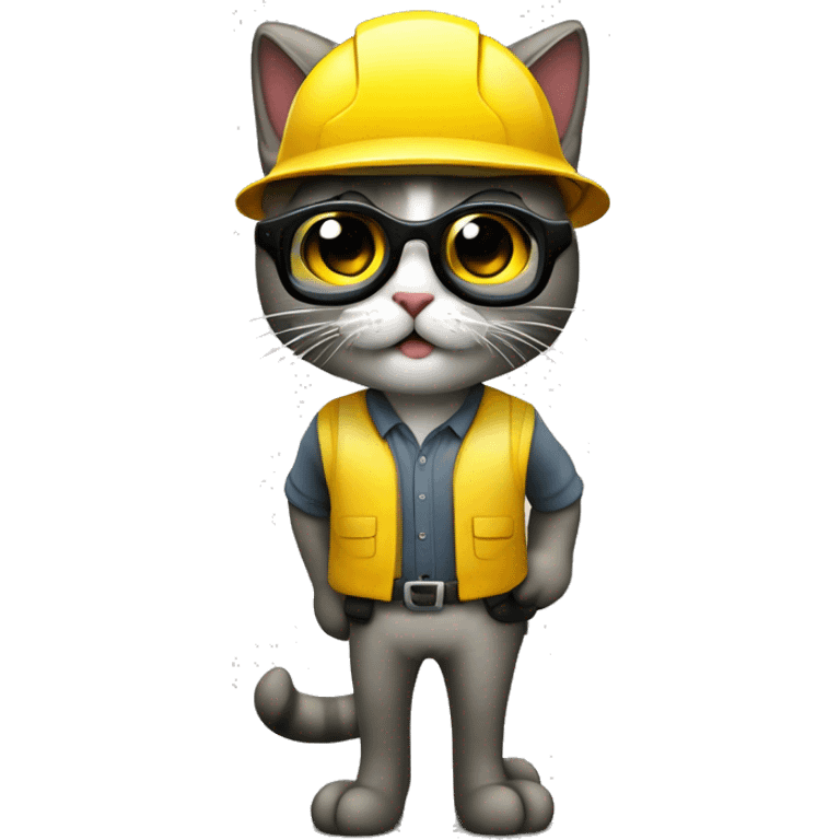 Gato con casco amarillo de trabajo y unas gafas transparentes de seguridad emoji