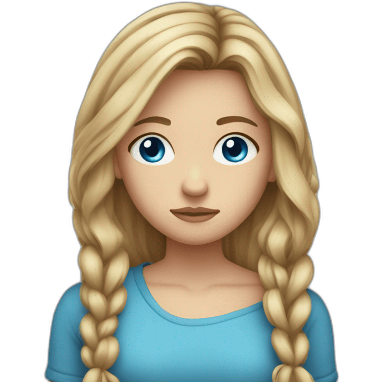 a teenager girl with long dark blond hair,tied hair, blue eyes sad emoji