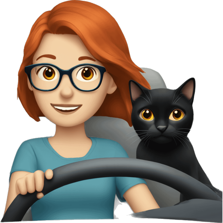 Redhead girl glasses driving blue with two black cats  emoji