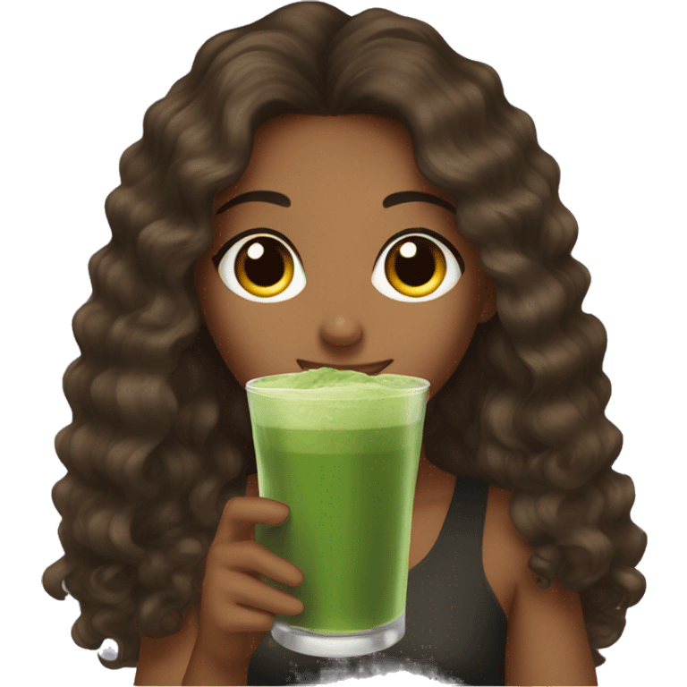 A brown girl who’s drink is matcha with black curly long hair  emoji