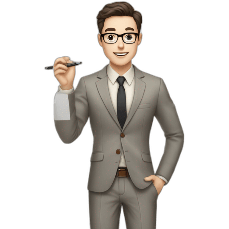 Pale skinned fit man with dark brown hair in gray jacket, beige office shirt, brown tie, brown pants and vintage glasses Writing on a marker board emoji