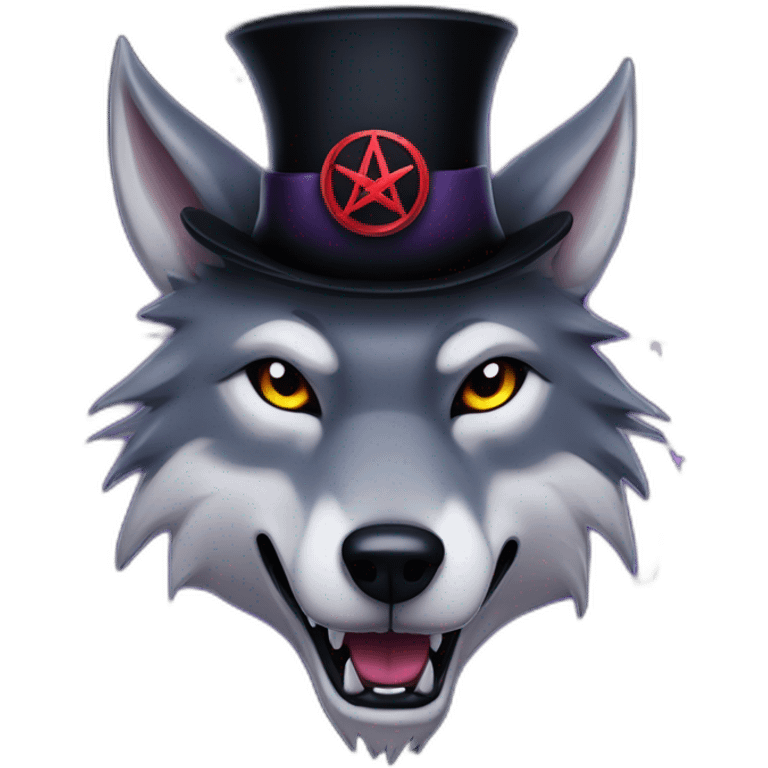 demonic wolf with a pentagram top hat and a pentagram chain with a mysterious haunting night background emoji