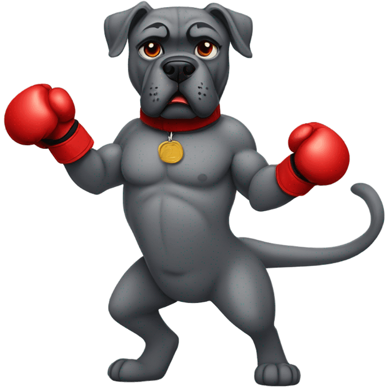 Gray Cane Corso dog with red boxing gloves on in fighting stance like a human. emoji