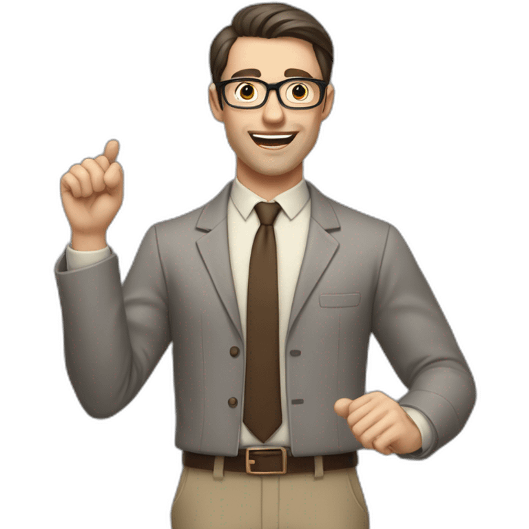 To belt Actively gesturing with hands Pale skinned fit man teacher with dark brown hair in gray jacket, beige office shirt, brown tie, brown pants and vintage glasses. emoji