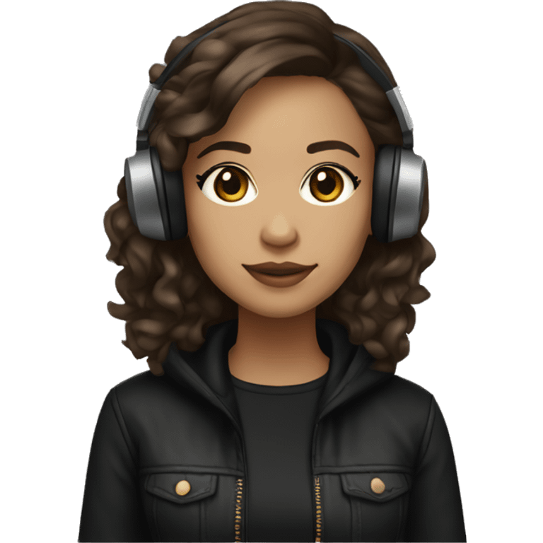 female dj, light skin, dark brown slightly wavy hair, black clothes, brown eyes emoji