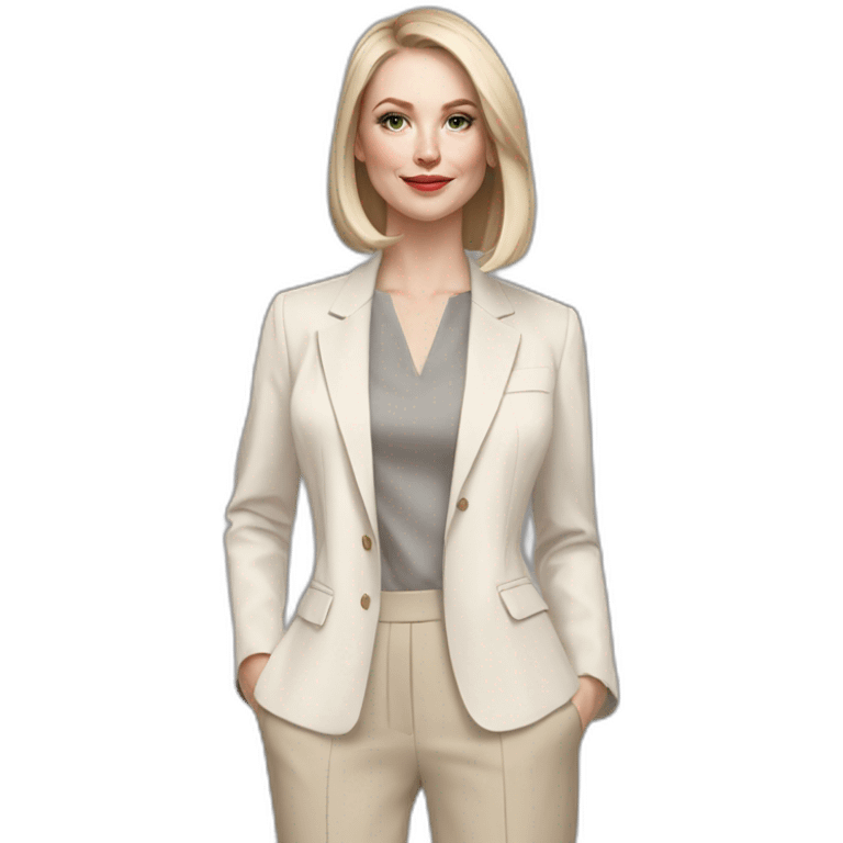 pale skin woman with ash blonde Straightened bob Hair, White Spacious classical jacket, beige palazzo Arrow pants and gray blouse holding a color palettes in the hands emoji