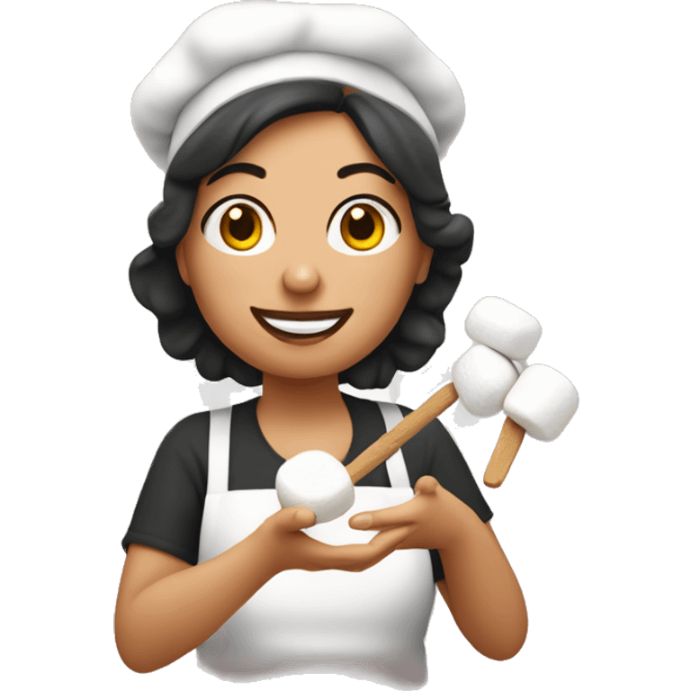 Italian woman looking  holding a marshmallow cooking marshmallows in kitchen emoji