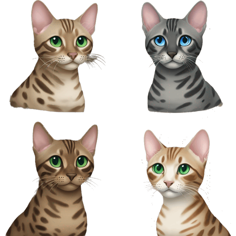 Seal Bengal cat with Blue eyes + charcoal Sepia bengal cat with Green eyes sit Next to each other  emoji