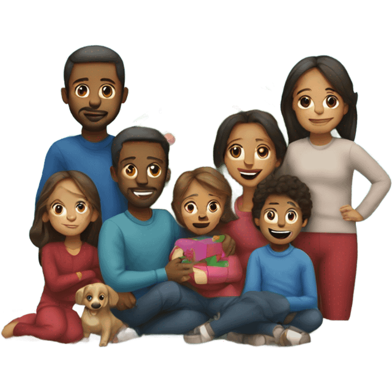 Family with 6 kids under 10yrs old around Christmas tree emoji