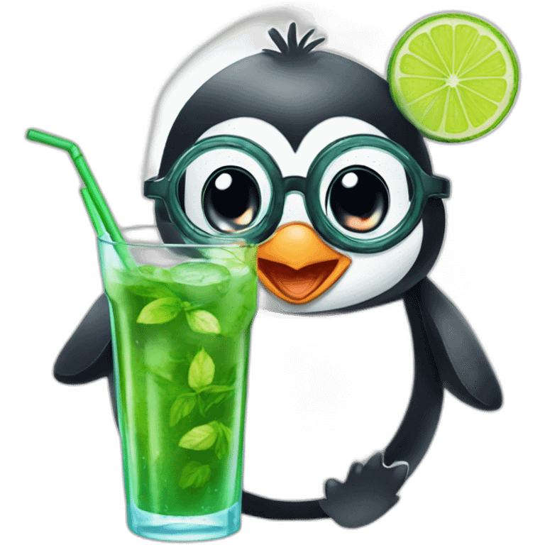 baby penguin with big glasses drinking mojito emoji