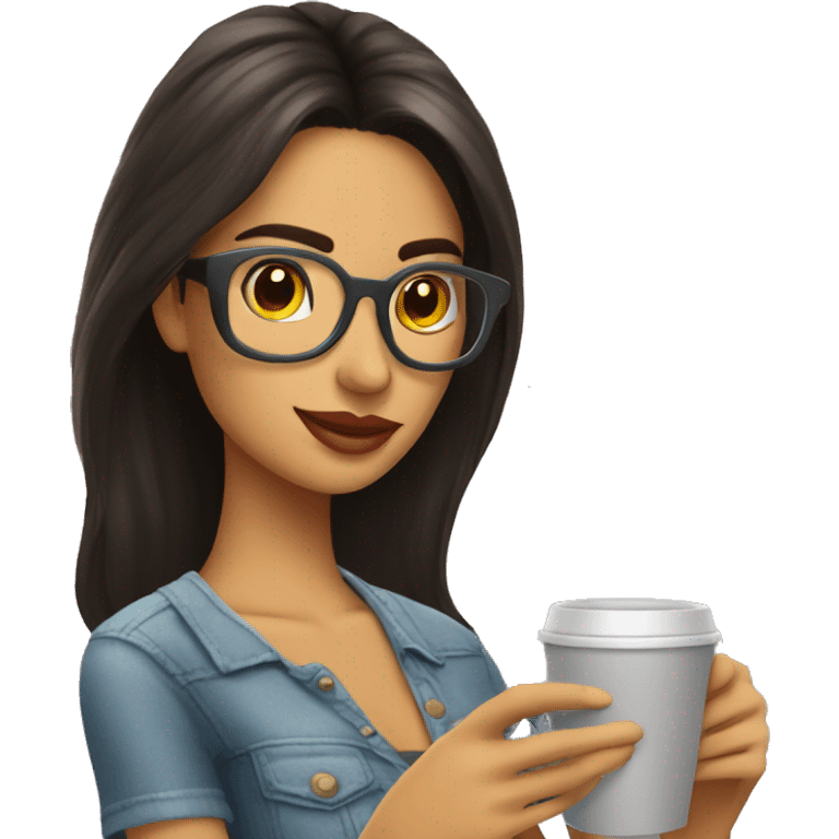 Chica morena leyendo con gafas y cafe emoji