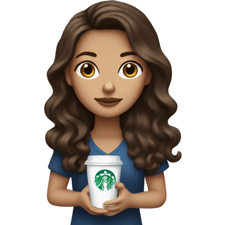 Brunette with long wavy hair and blue eyes and Starbucks coffee emoji