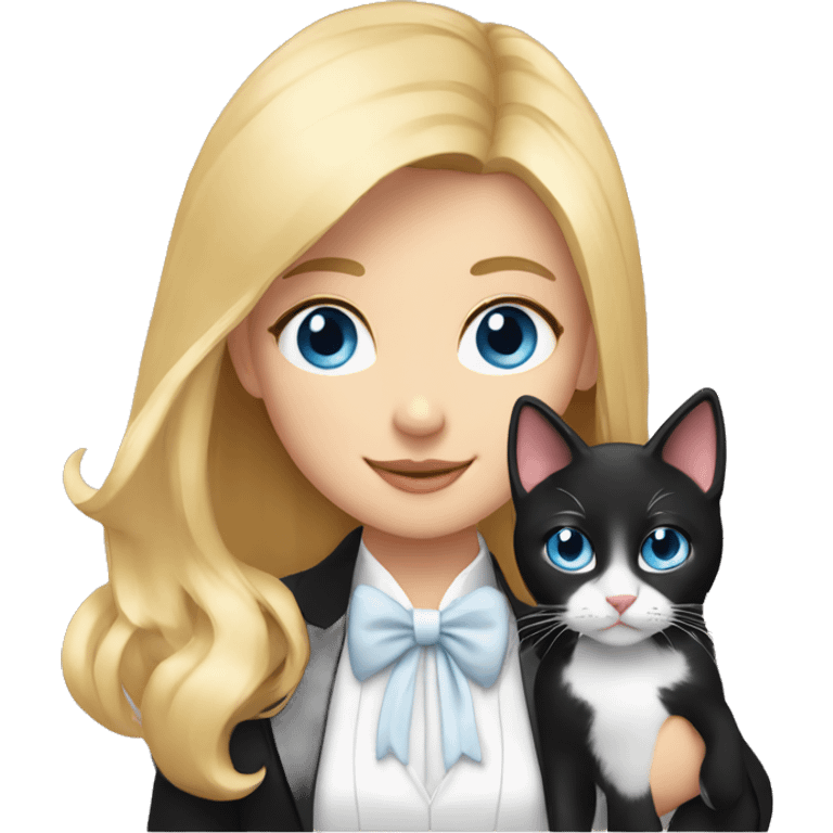 girl with blonde hair and blue eyes with a tuxedo cat in her hands emoji