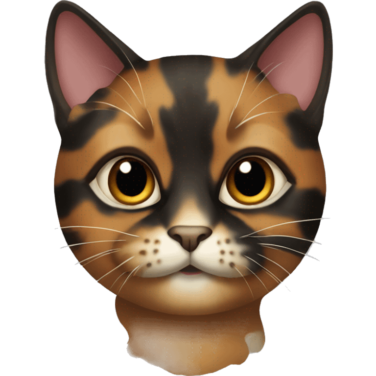 tortoiseshell cat with mostly black face, some red and white belly and chin emoji