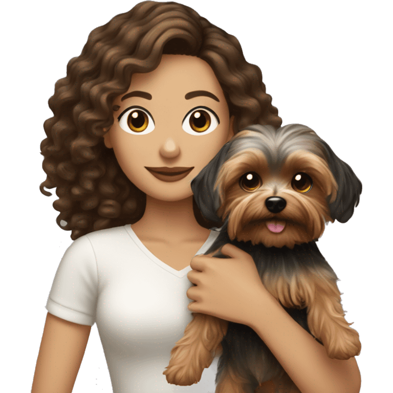 white women with curly medium length brunette hair, holding a cute yorkie dog emoji