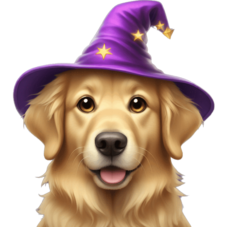 Golden retriever wearing a wizard hat emoji