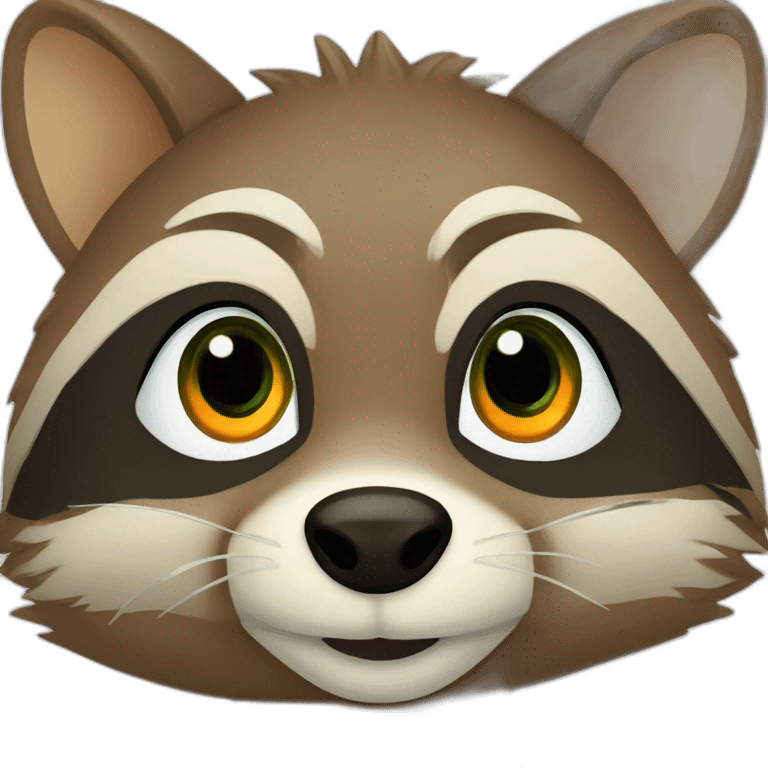 brown raccoon with orange eyes and a dark green hood that smile emoji