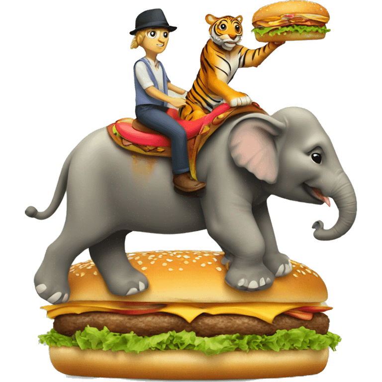 Tiger riding on an elephant riding on a hamburger emoji